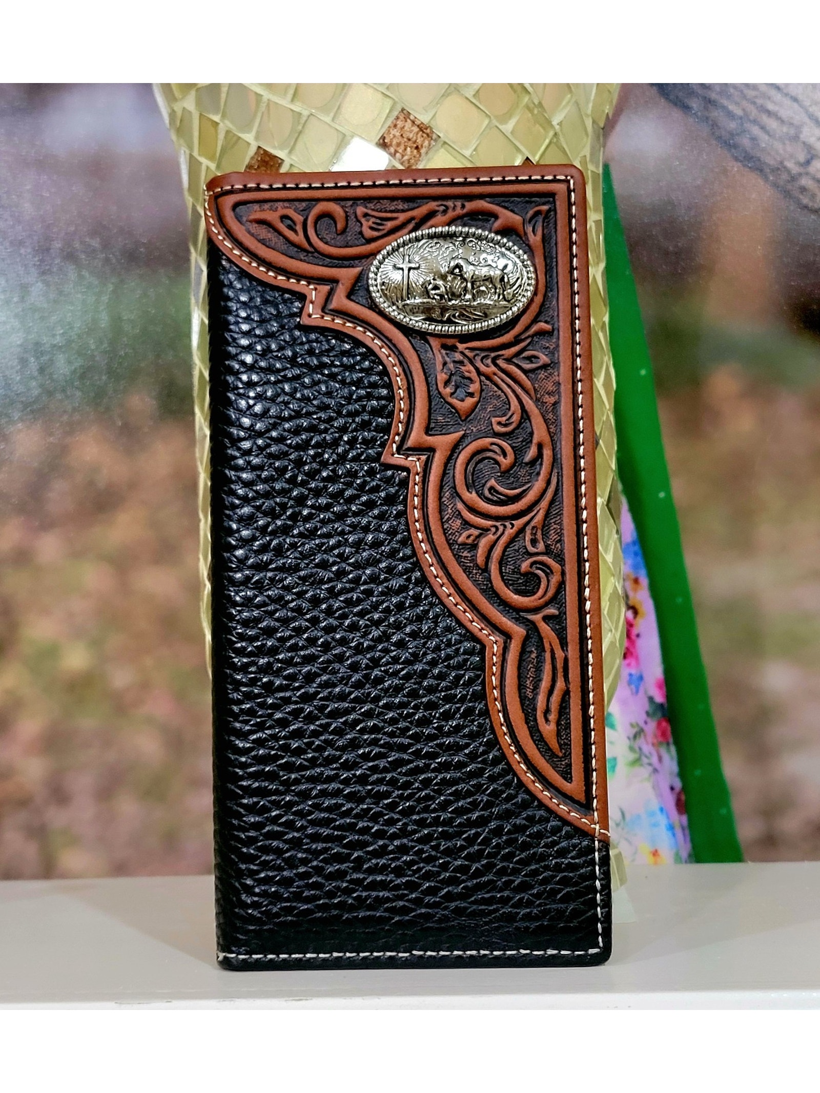 Praying Cowboy Men's Wallet Genuine Leather Rodeo Western Tooled Floral Black